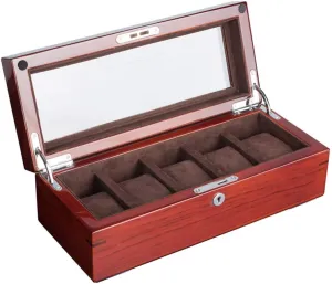 Five-Position Wooden Mechanical Watch Jewelry Storage Box Made of Pure Solid Wood Glass sunroof with Lock Removable Table Pillow (Leather Yellow Interior/Dark Brown Interior)