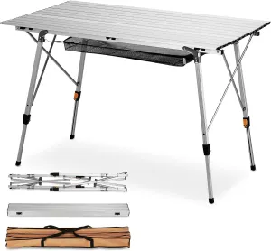 FiveJoy Folding Camping Table Outdoor Portable Picnic Camp Table with Aluminum Legs Adjustable Height Roll Up Table with Mesh Layer for Picnic Beach Grill Backyard Kitchen