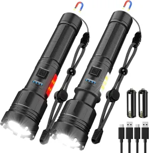 Flashlight High Lumens Rechargeable, 10000 Lumen Led Flashlights XHP50.2 USB Super Bright Flash Light, High Powered Handheld Magnetic Flashlights for Emergencies, 7 Modes, Waterproof, Zoomable, 2 Pack