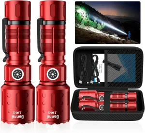 Flashlights High Lumens Rechargeable, Super Bright Long Range Small Powerful Flashlight, 6 Modes LED Tactical Pocket Waterproof Flash Light for Home Emergency (2, Red)