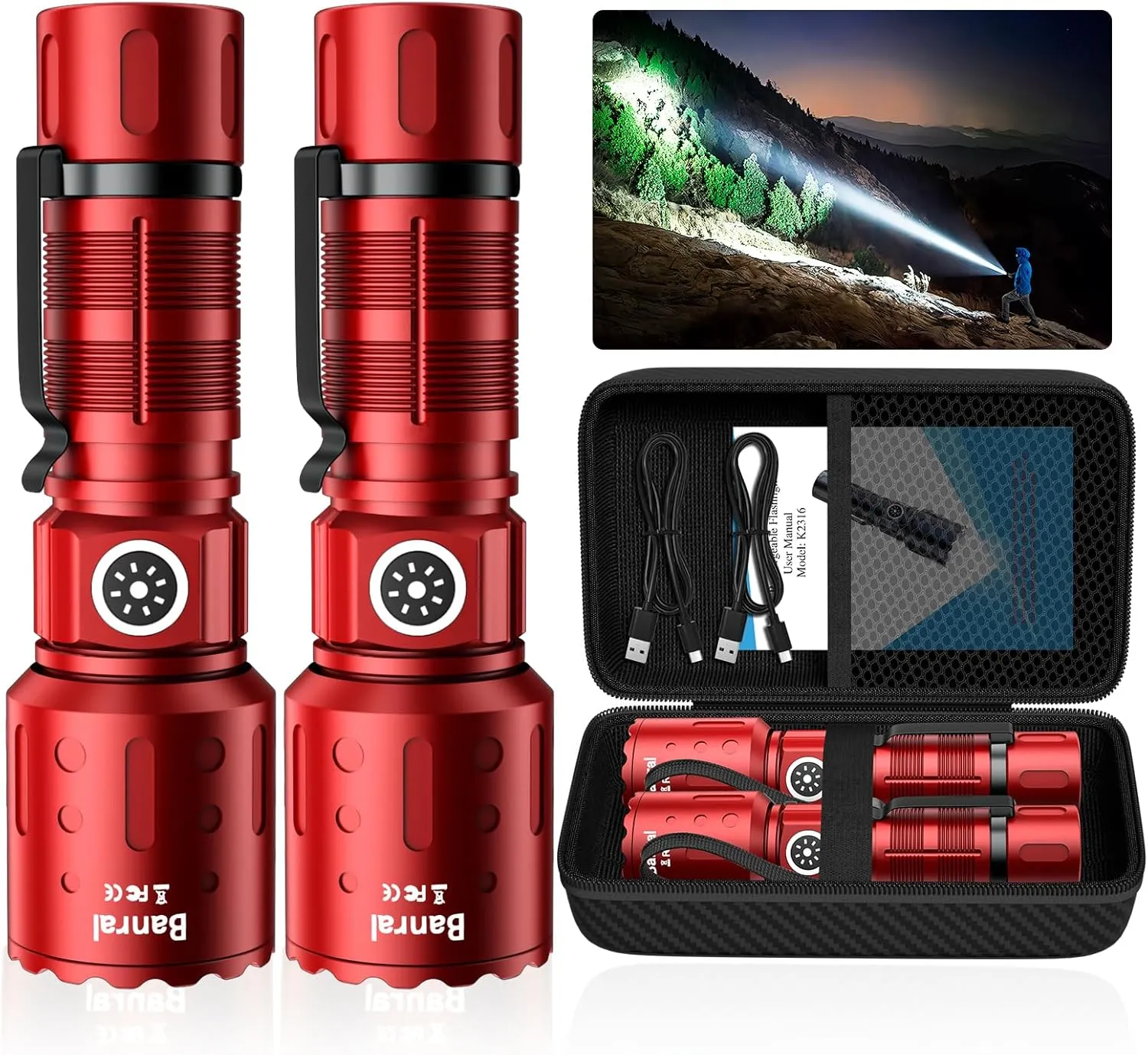 Flashlights High Lumens Rechargeable, Super Bright Long Range Small Powerful Flashlight, 6 Modes LED Tactical Pocket Waterproof Flash Light for Home Emergency (2, Red)