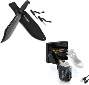 FLISSA Survival Hunting Knife with Sheath & 2Pcs Lighters Tool Set, Outdoors Windproof Flameless Dual Arc Lighters with Multifunction Spoon