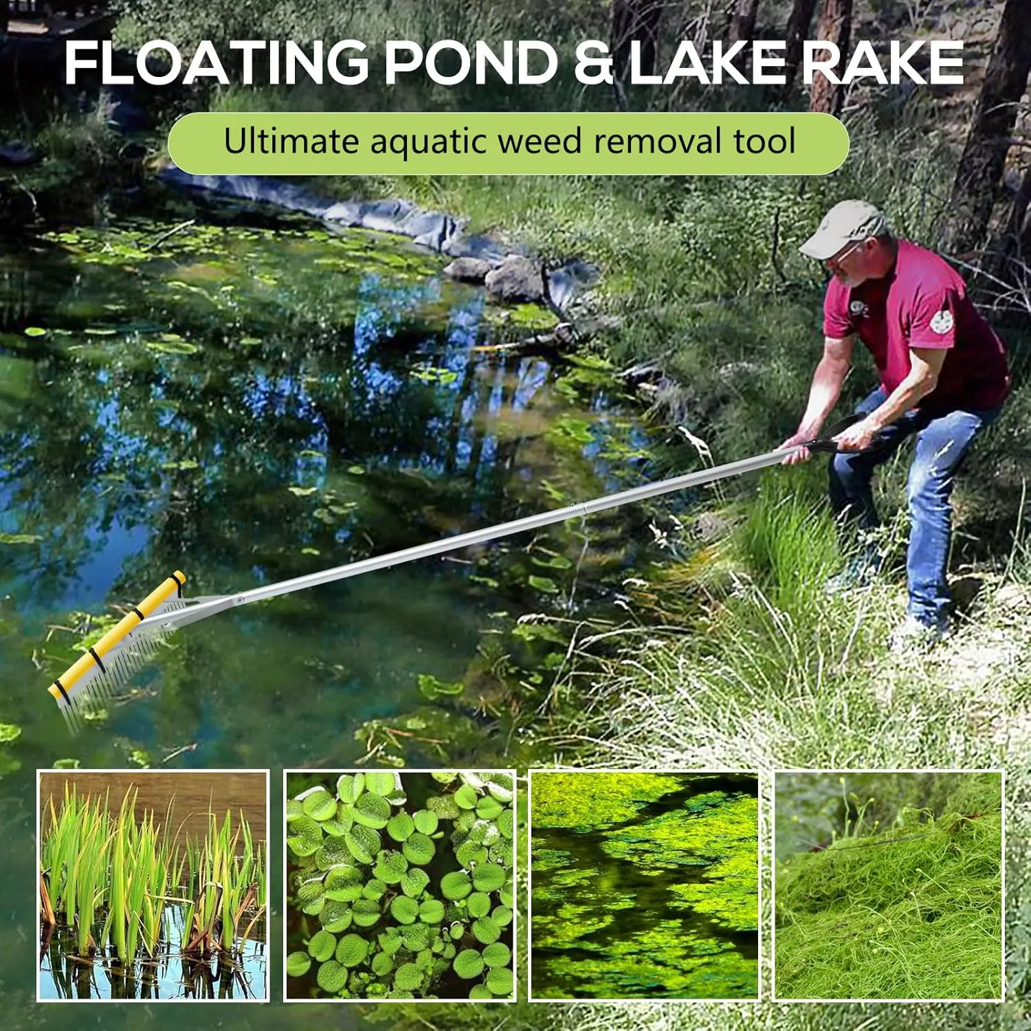 Floating Lake Rake, 36" Aluminum All Purpose Lake and Landscape Rake with 102'' Extension Handle and 52Ft Rope, Weed & Algae Removal, Yellow