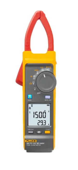 Fluke 393 FC Solar Clamp Meter, CAT III 1500 V, IP54-Rated, DC Power Measurements, Audio Polarity Indicator, Visual Continuity, Fluke Connect Software Enabled,Thin Jaw For Easy Access, Includes iFlex