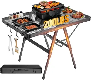 Foldable Grill Table with Mesh Desktop, 200lbs 3Ft Portable Folding Table, Height Adjustable Metal Table for Ourdoor, Camping, Picnic, BBQ and Beach, RV, 35.4" L x 23.6" W