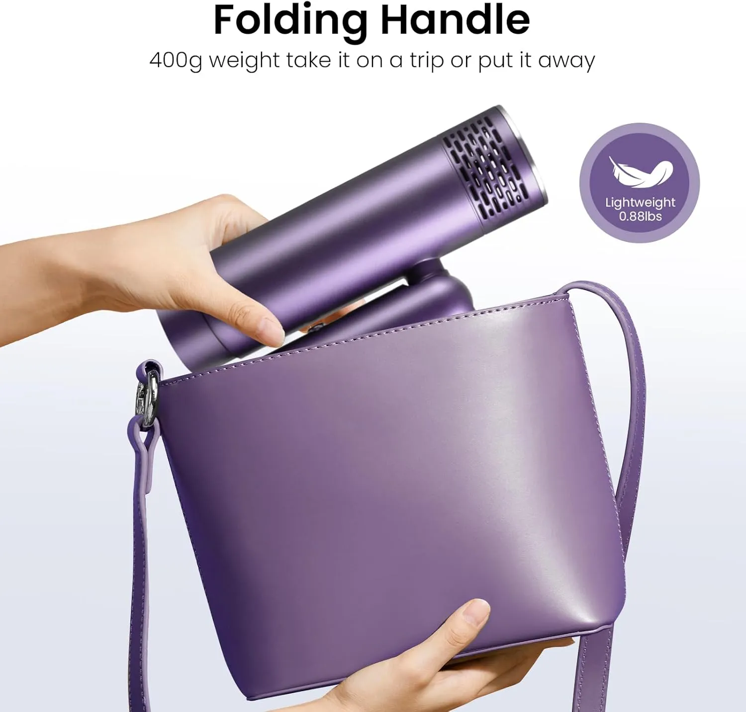 Foldable Hair Dryer, Fast Drying Ionic Blow Dryer, Travel Hair Blow Dryer with Removable Nozzle and Storage Bag, Lightweight Portable Hairdryer for Women, Purple