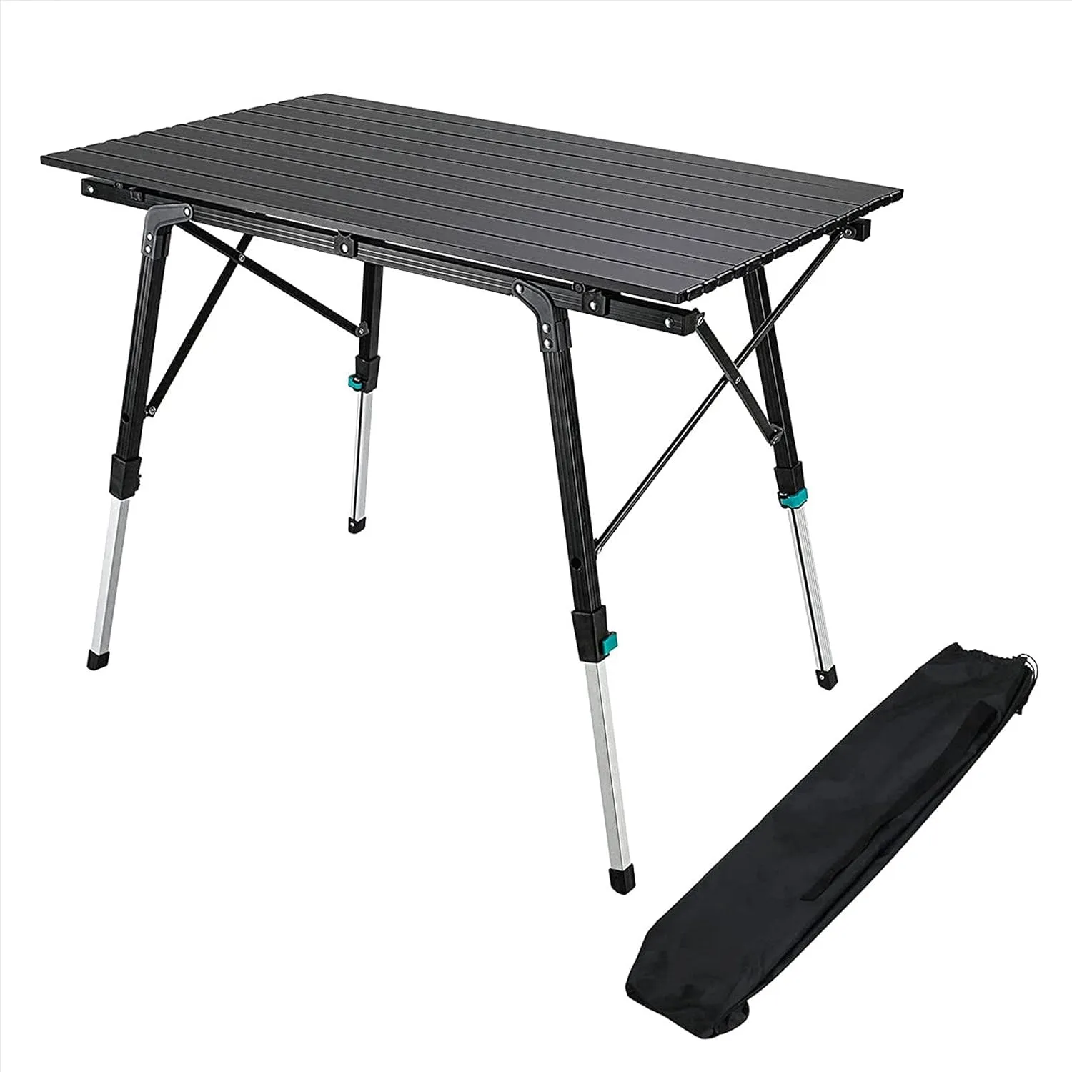 Folding Aluminium Camping Table,Portable Picnic Folding Table,top Mesh Layer,with Height Adjustable Legs Roll Up Table,for Picnic Garden Camping,Woodcolor, Black