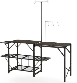 Folding Camp Kitchen Table – Portable Camping Cooking Station with Adjustable Lantern Holder, Hanging Hooks, and Carrying Bag for Outdoor Picnic, Beach BBQ, and Traveling