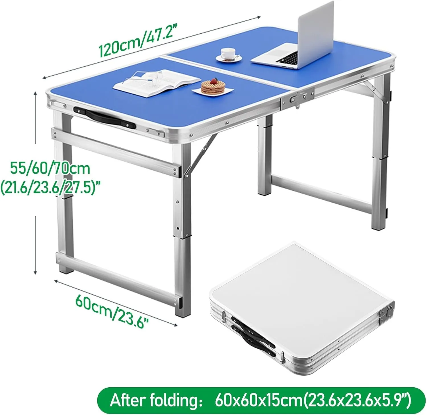 Folding Camp Table and Chairs, Camping Tables Adjustable 3 Heights, Aluminum Table with Crossbar, Camping Essentials for Home Picnic BBQ (Color : Blue)