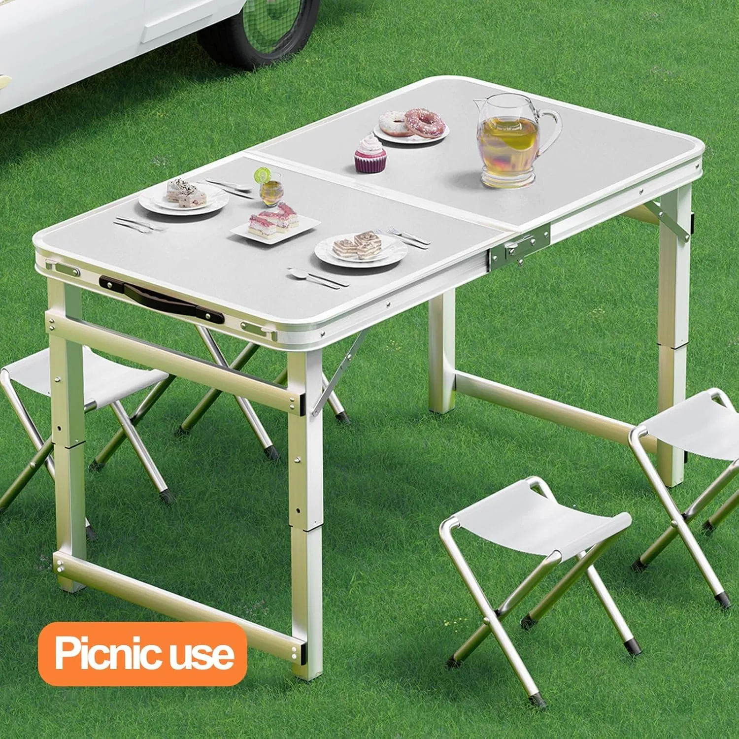 Folding Camp Table and Chairs, Camping Tables Adjustable 3 Heights, Aluminum Table with Crossbar, Camping Essentials for Home Picnic BBQ (Color : Blue)