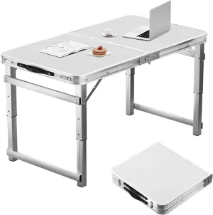 Folding Camp Table and Chairs, Camping Tables Adjustable 3 Heights, Aluminum Table with Crossbar, Camping Essentials for Home Picnic BBQ (Color : White)