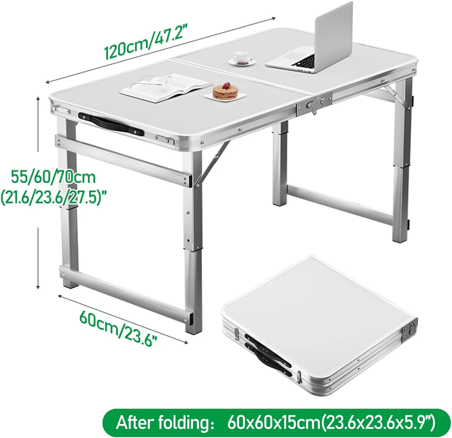 Folding Camp Table and Chairs, Camping Tables Adjustable 3 Heights, Aluminum Table with Crossbar, Camping Essentials for Home Picnic BBQ (Color : White)