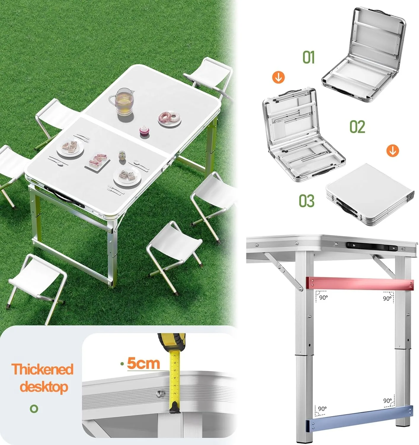 Folding Camp Table and Chairs, Camping Tables Adjustable 3 Heights, Aluminum Table with Crossbar, Camping Essentials for Home Picnic BBQ (Color : White)