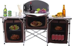 Folding Camping Kitchen Table,Portable Camping Kitchen Folding Table Stand &Windshield Cooking Station ,Three Table With Anti-Slip Pads Desk For Camping Storage for BBQ, Grill, Party, Picnics,Brown