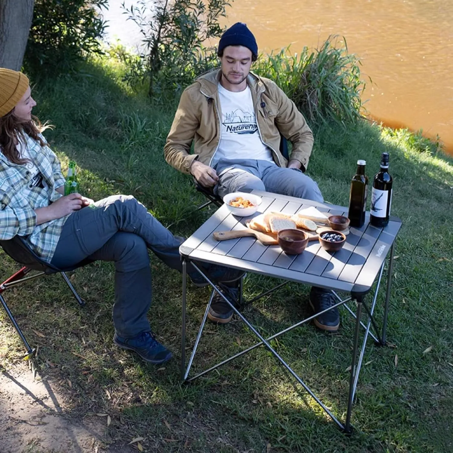 Folding Camping Square Table with Carrying Bag, Outdoor Portable Picnic Folding Table, Lightweight Aluminum Adjustable Square Table, 2 Sizes, Suitable for Outdoor, Camping, Picnic, Backyard, BBQ(Brown