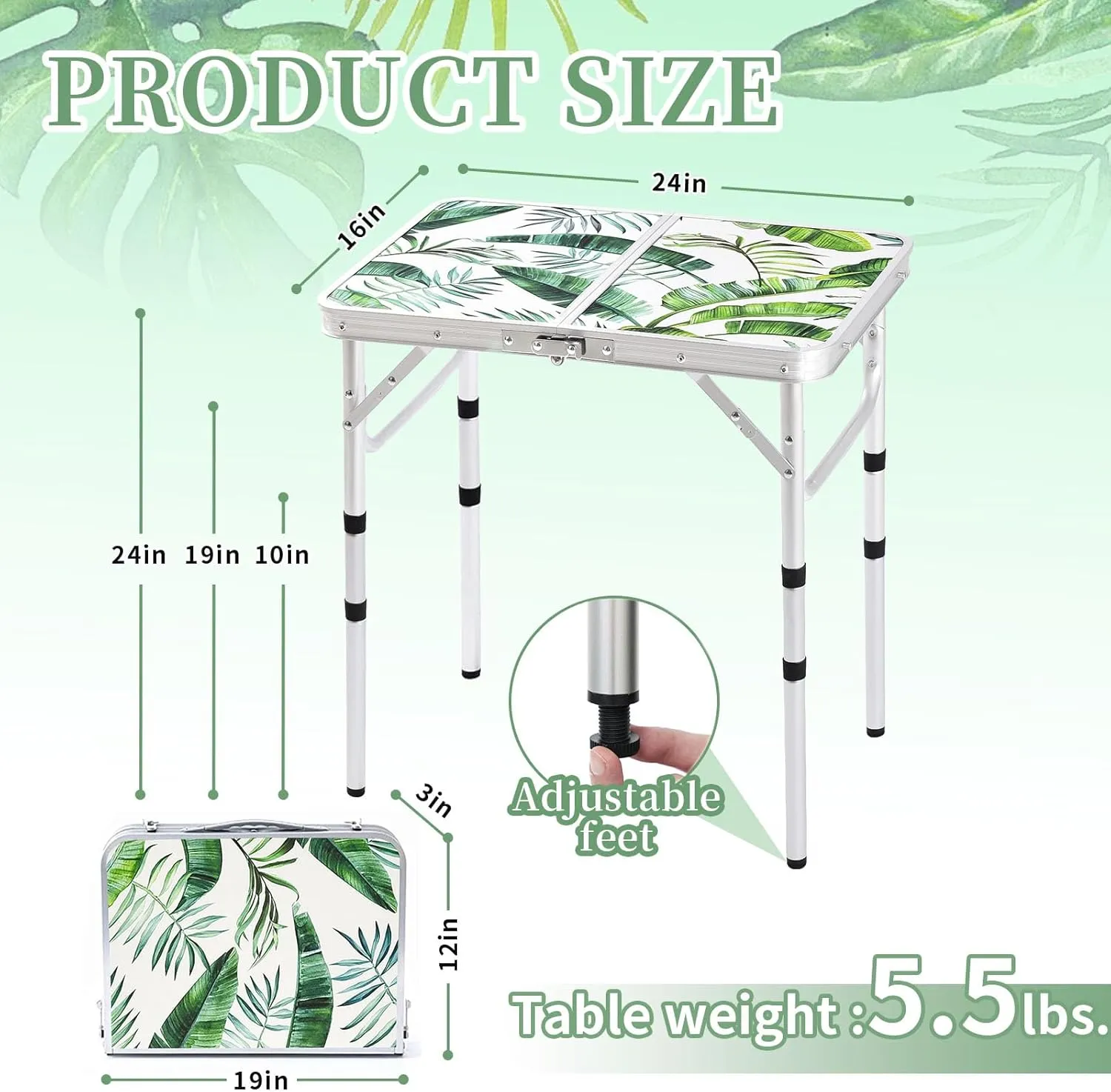 Folding Camping Table 2ft Portable Pinic Table Adjustable Height Small Card Table Aluminum Foldable Lightweight with Carry Handle for Outdoor Indoor Hiking Camp BBQ Beach (Monstera Palm Leaves)