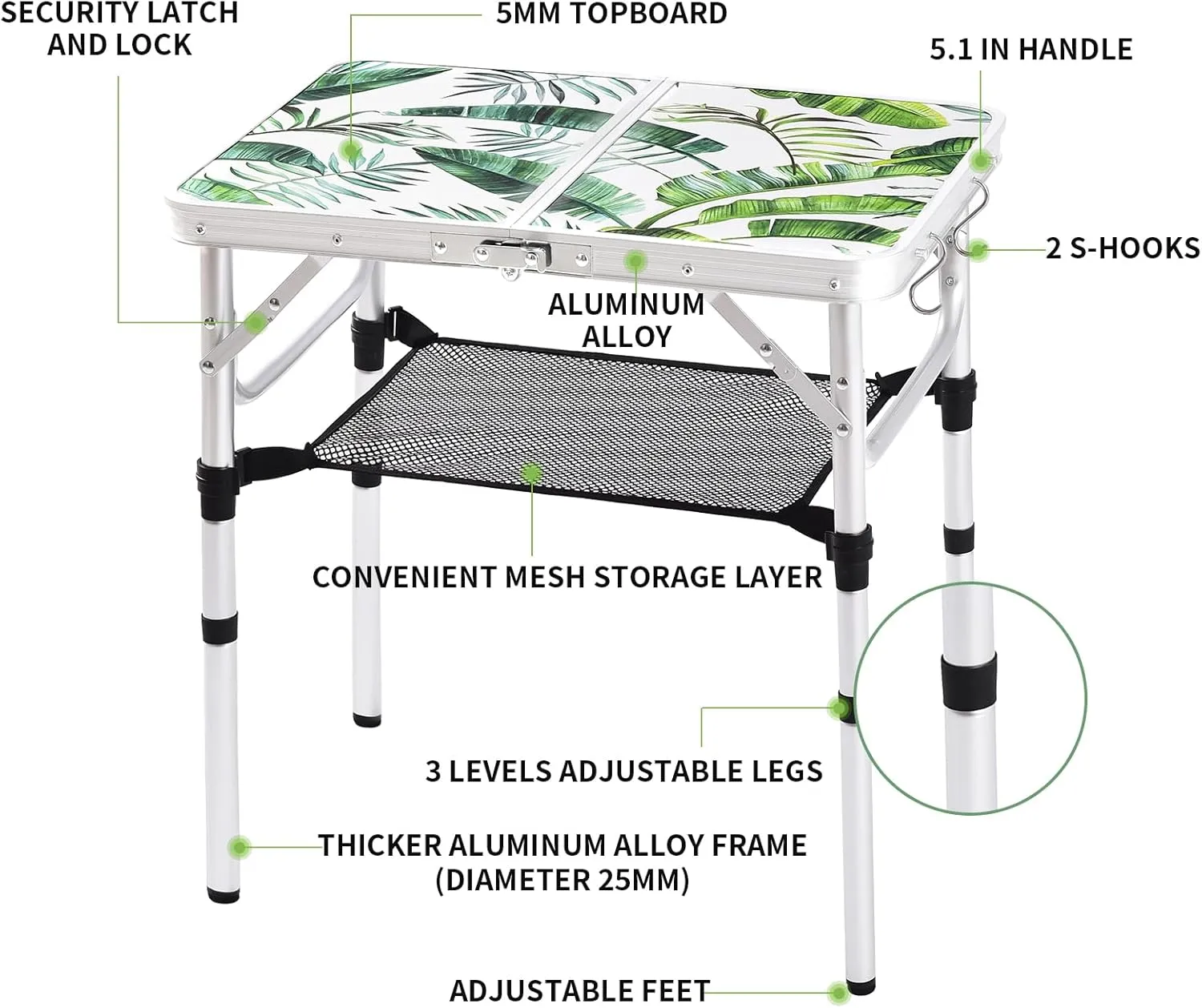 Folding Camping Table 2ft Portable Pinic Table Adjustable Height Small Card Table Aluminum Foldable Lightweight with Carry Handle for Outdoor Indoor Hiking Camp BBQ Beach (Monstera Palm Leaves)
