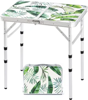 Folding Camping Table 2ft Portable Pinic Table Adjustable Height Small Card Table Aluminum Foldable Lightweight with Carry Handle for Outdoor Indoor Hiking Camp BBQ Beach (Monstera Palm Leaves)