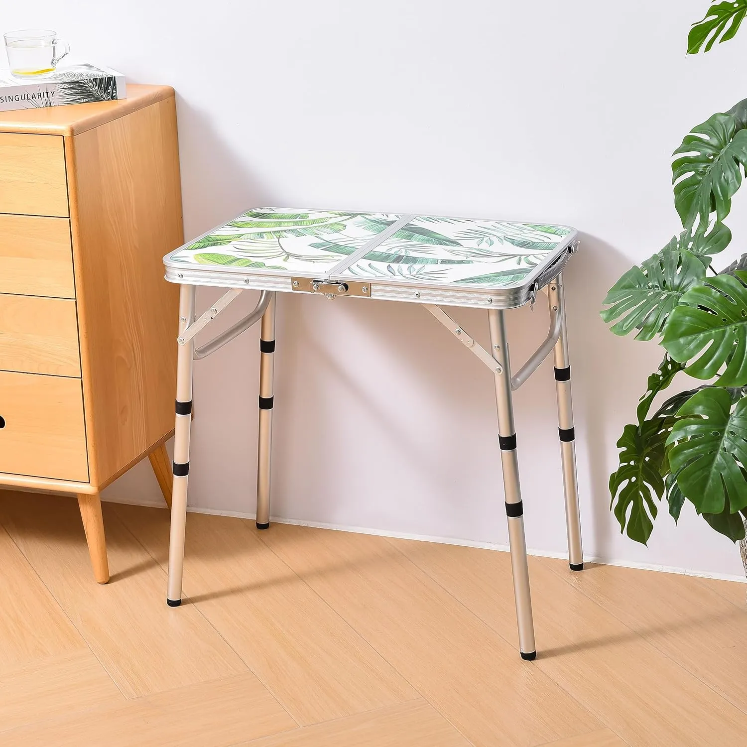 Folding Camping Table 2ft Portable Pinic Table Adjustable Height Small Card Table Aluminum Foldable Lightweight with Carry Handle for Outdoor Indoor Hiking Camp BBQ Beach (Monstera Palm Leaves)