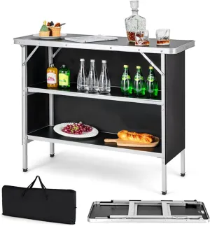 Folding Camping Table, Aluminum Picnic Table with 2-Tier Open Shelves, Foldable Camp Tables for Outdoor BBQ, Party, Travel, Black