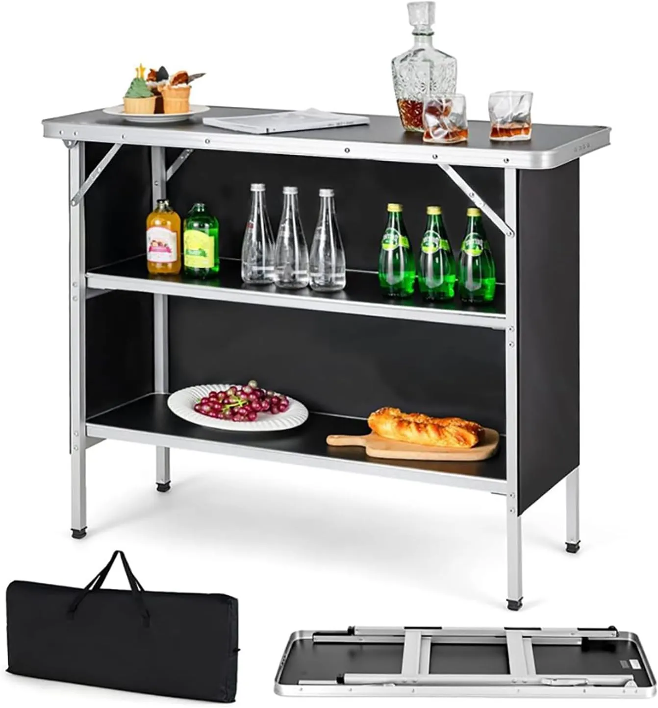 Folding Camping Table, Aluminum Picnic Table with 2-Tier Open Shelves, Foldable Camp Tables for Outdoor BBQ, Party, Travel, Black
