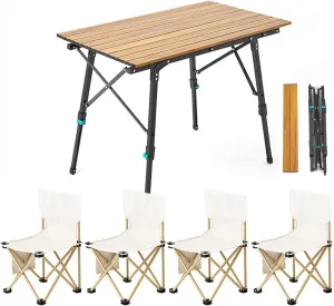 Folding Camping Table and airs, Adjustable Height Folding Table with Roll-Up Table Top, Portable Lightweight Picnic Table air Set for Outdoor, Bea, Backyards Party