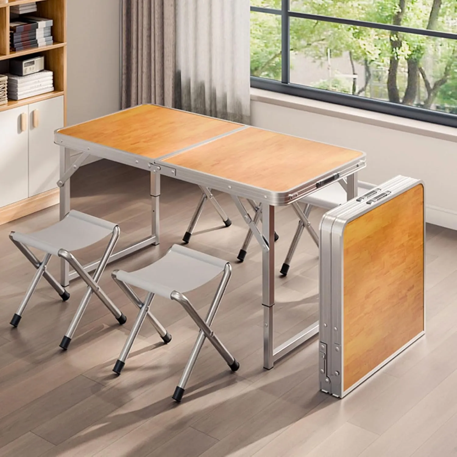 Folding Camping Table and Foldable Stool Set, Adjustable Height Aluminum Camping Table Portable Picnic Dining airs Lightweight Folding Table w/Handle