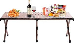 Folding Camping Table, Portable Camping Table with Carry Bag, Portable Aluminum Picnic Table, Low Height Beach Table for Outdoor Use, Travel, BBQ & Hiking, Easy Assembly, Natural (Large)
