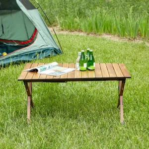 Folding Camping Table, Roll-Up Folding Table w/Carry Bag, Portable Aluminum Picnic Table, Low Height Beach Table for Outdoor Use, Travel, BBQ & Hiking, Easy Assembly, Natural
