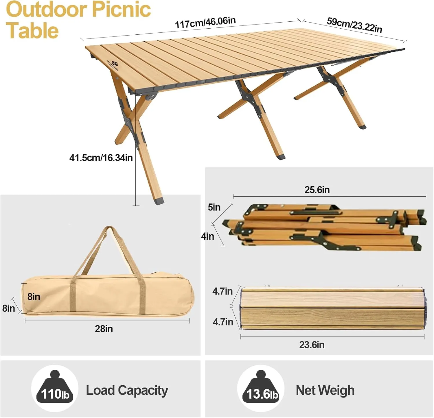 Folding Camping Table, Roll-Up Folding Table with Carry Bag, Portable Aluminum Picnic Table, Low Height Beach Table for Outdoor Use, Travel, BBQ & Hiking, Easy Assembly (Natural)