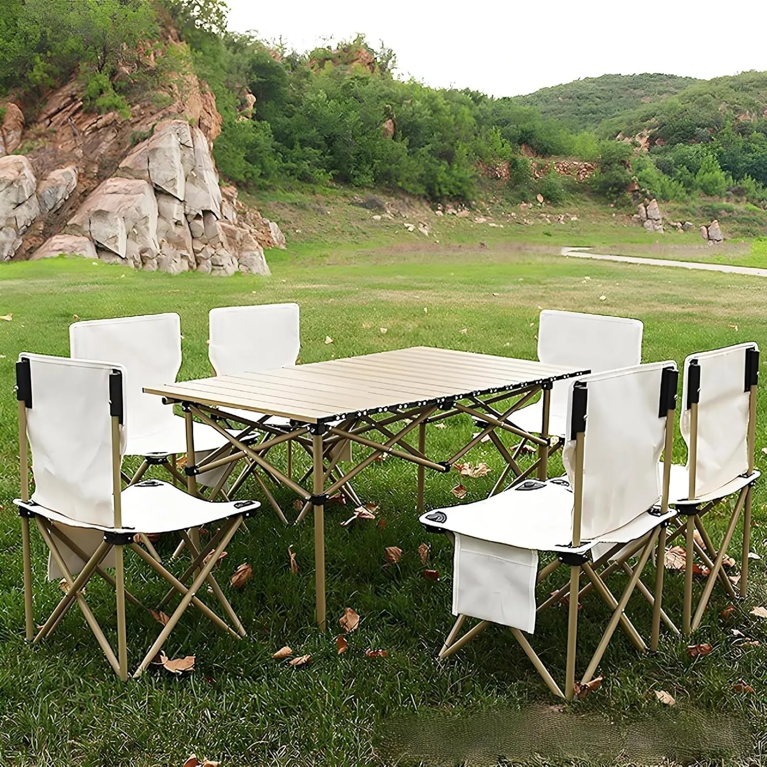 Folding Camping Table with Chairs Picnic Table and 6 Chairs for Beach Hiking Travel Fishing BBQ, Outdoor Table and Chairs Set with Storage Bags,Black