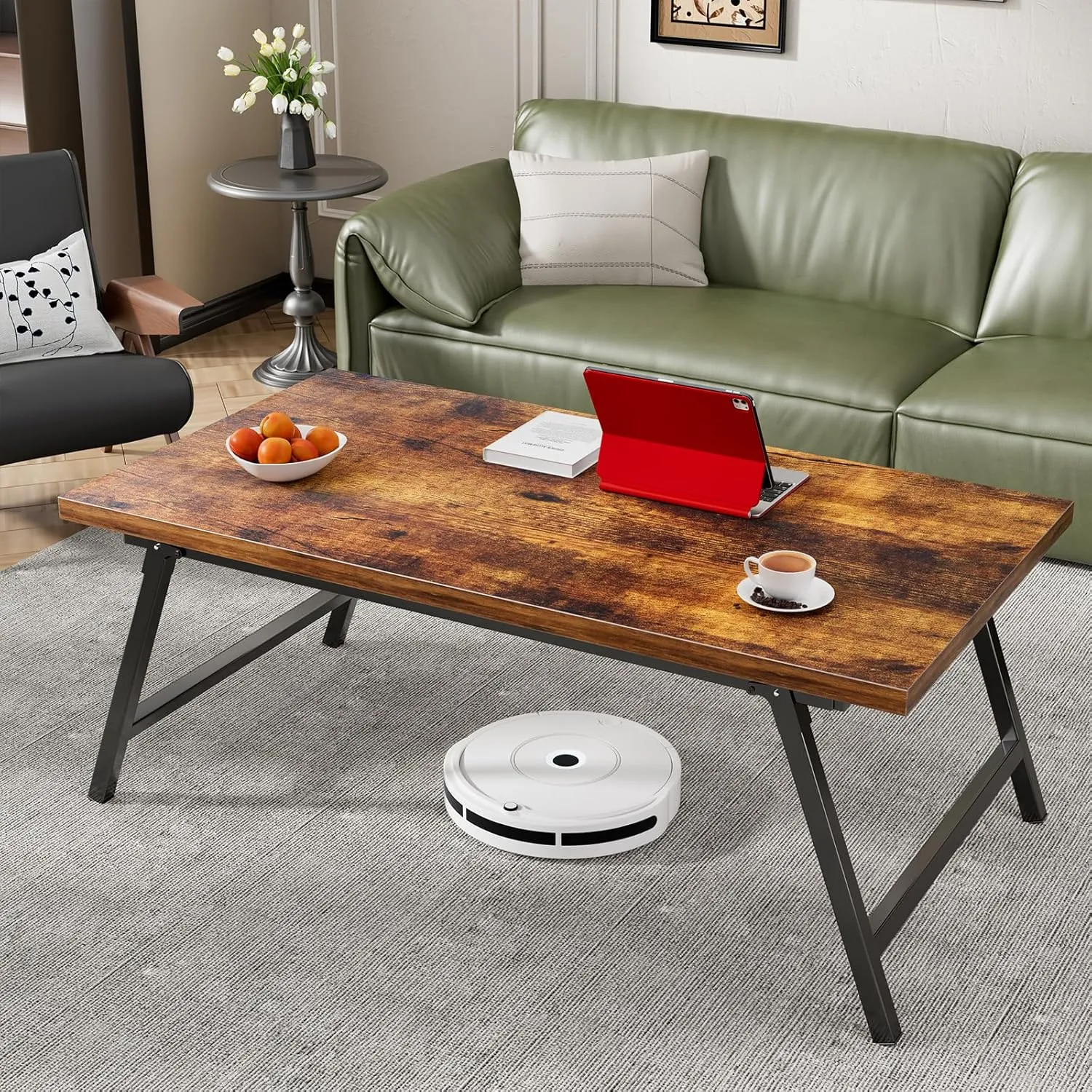 Folding Coffee Table, Portable Floor Table Desk for Sitting on The Floor, No Assembly Low Coffee Table for Living Room, Home, Caravan and Camping Use, Rustic Brown Wood, 39.4Lx19.7Wx15.8H