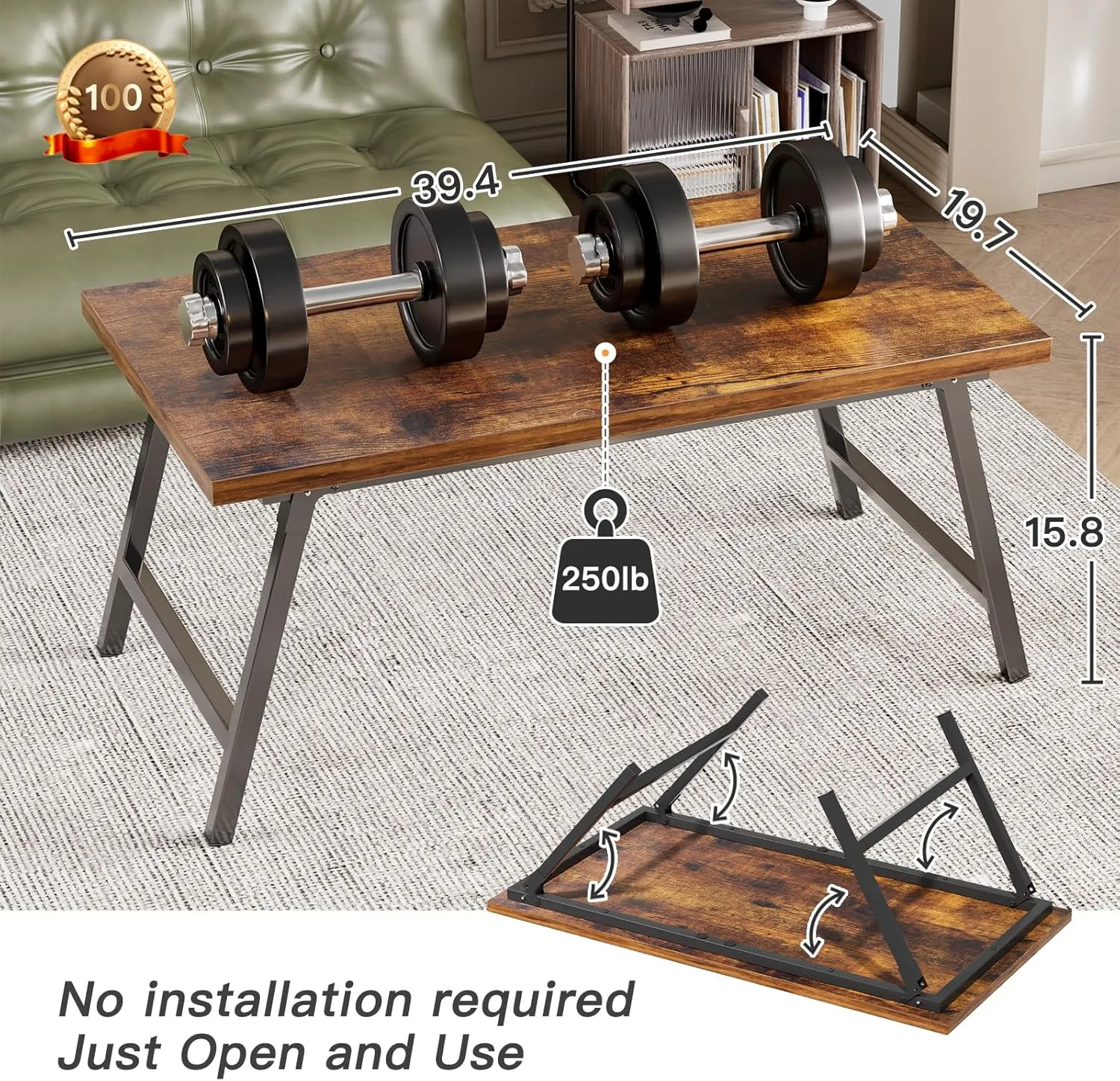 Folding Coffee Table, Portable Floor Table Desk for Sitting on The Floor, No Assembly Low Coffee Table for Living Room, Home, Caravan and Camping Use, Rustic Brown Wood, 39.4Lx19.7Wx15.8H