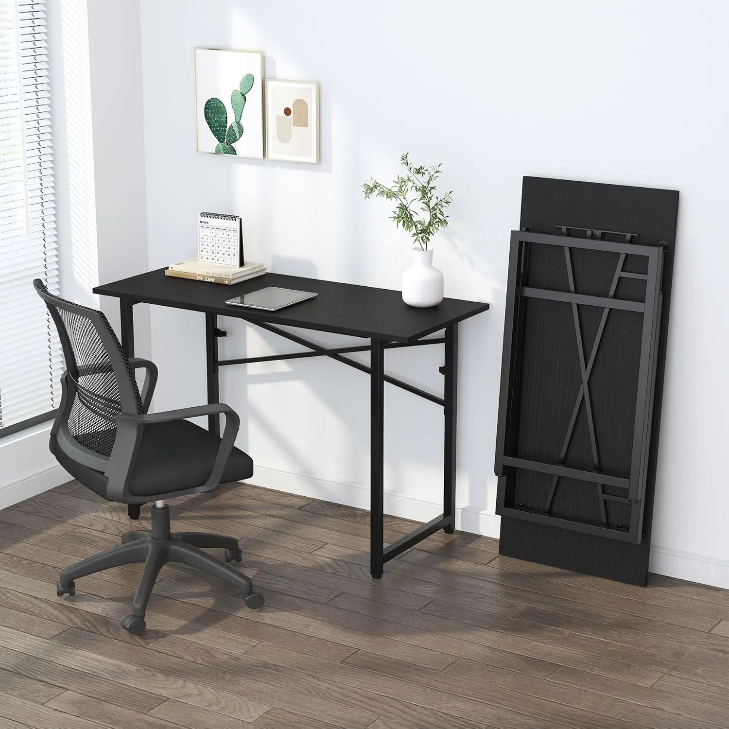 Folding Computer Desk 47 inch Writing Gaming Computer Camping Table, No Assembly Required Home Office Desk, Black