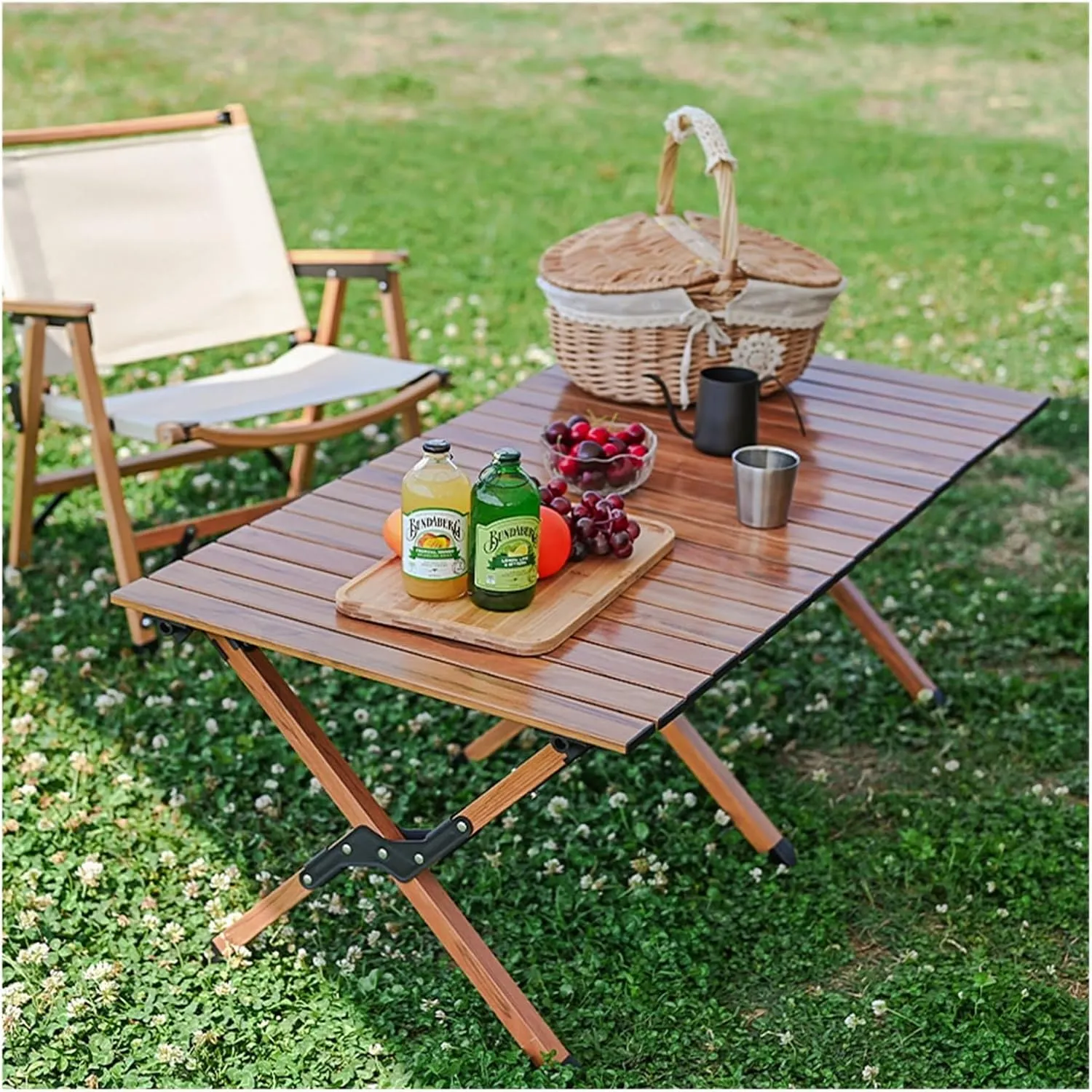 Folding Dining Table Aluminum Camping Picnic Egg Roll Camping air Outdoor Folding Table Portable (Color : Brown-L)