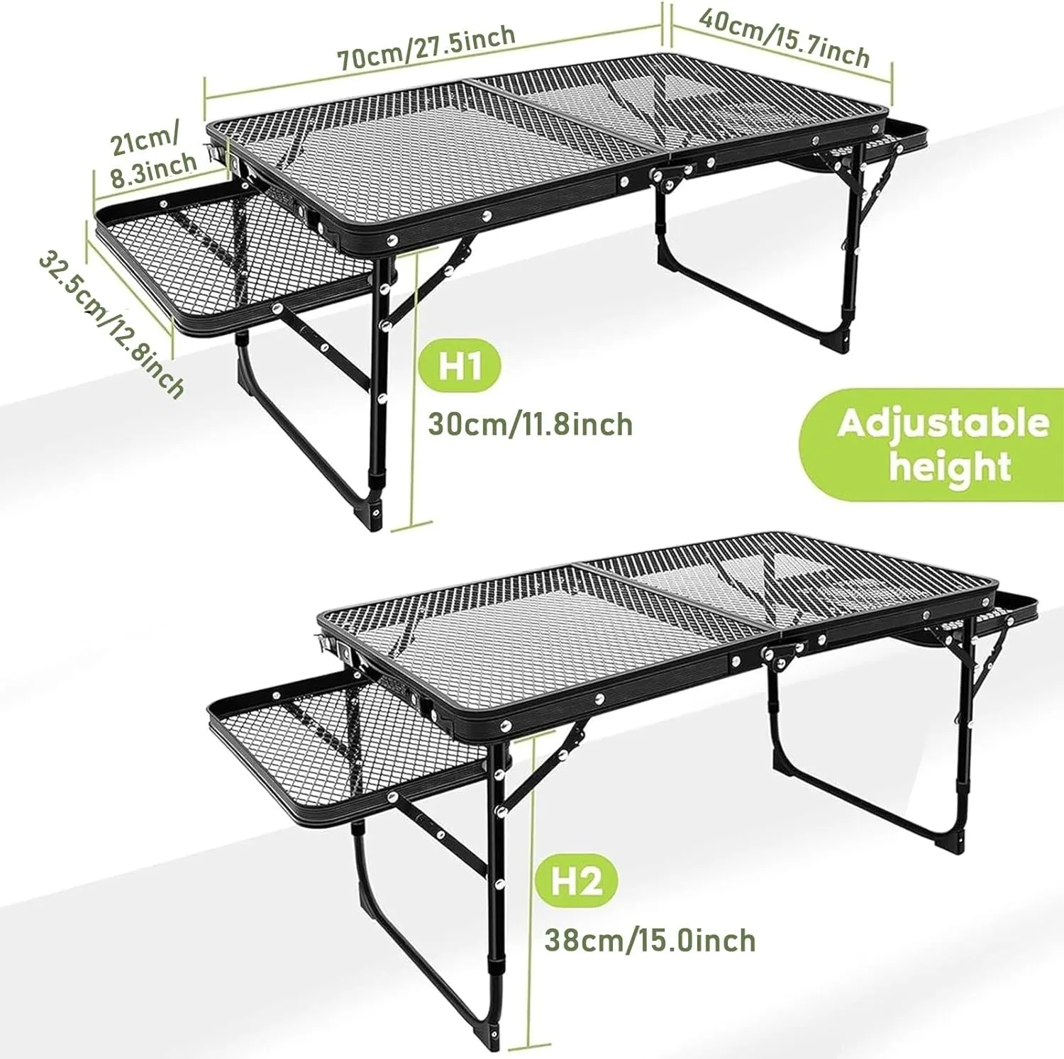 Folding Grill Table, Camping Table with Table Extension Board, Height Adjustable Metal Folding Table, Portable Lightweight Grill Table for Cooking, Beach, BBQ, Picnic, Travel, Black, 981256