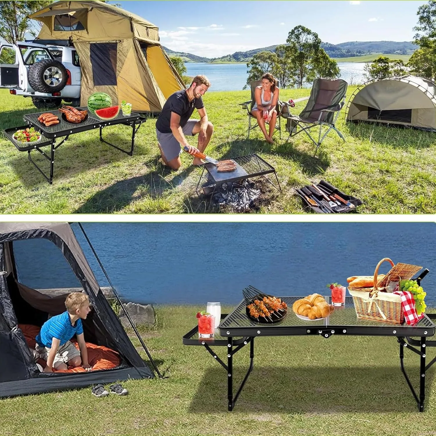 Folding Grill Table, Camping Table with Table Extension Board, Height Adjustable Metal Folding Table, Portable Lightweight Grill Table for Cooking, Beach, BBQ, Picnic, Travel, Black, 981256