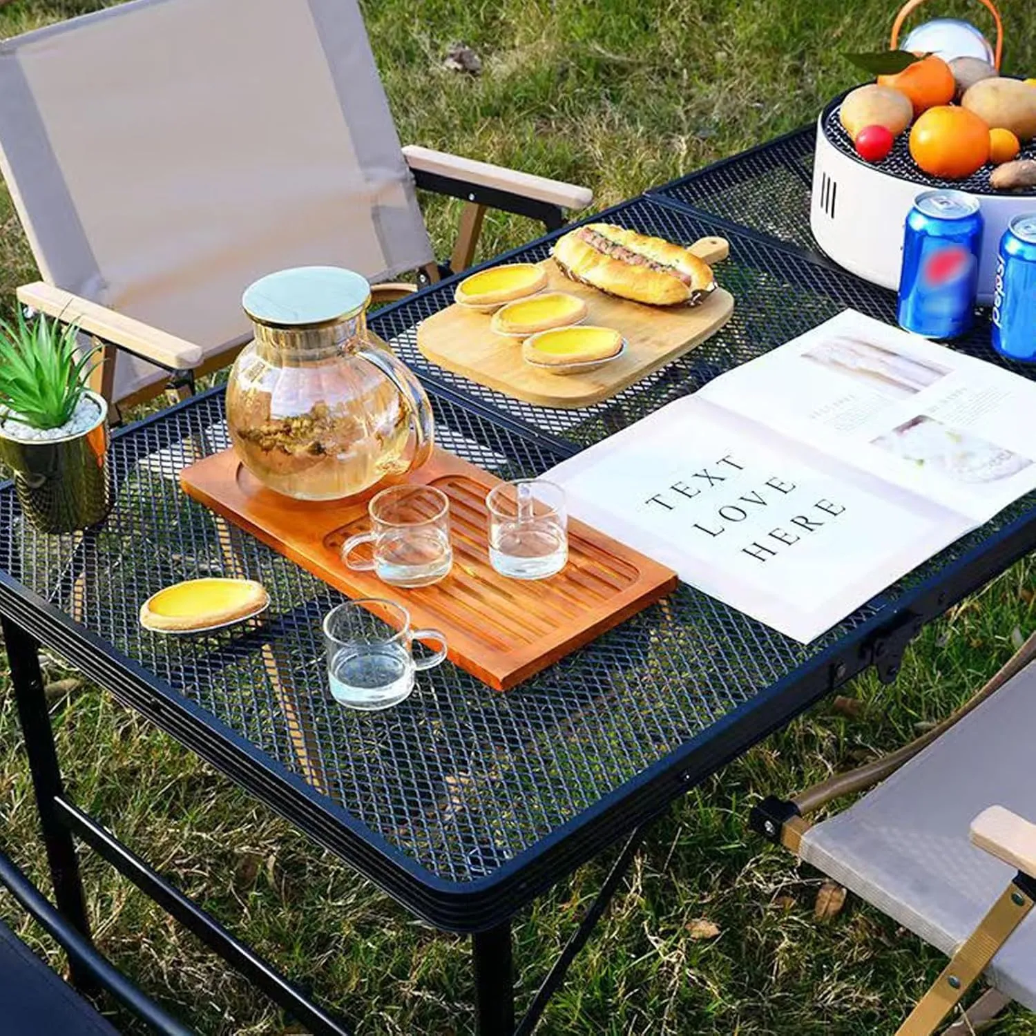 Folding Grill Table, Camping Table with Table Extension Board, Height Adjustable Metal Folding Table, Portable Lightweight Grill Table for Cooking, Beach, BBQ, Picnic, Travel, Black, 981256