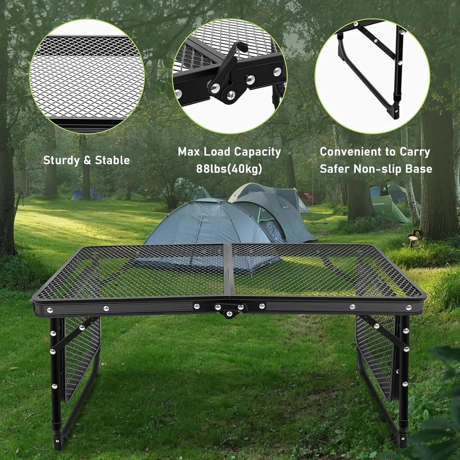 Folding Grill Table, Camping Table with Table Extension Board, Height Adjustable Metal Folding Table, Portable Lightweight Grill Table for Cooking, Beach, BBQ, Picnic, Travel, Black, 981256