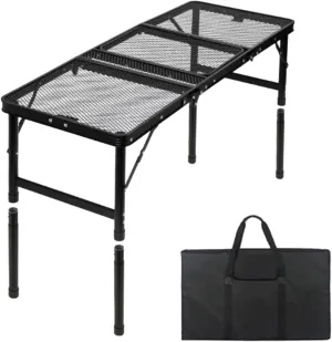 Folding Grill Table Outdoor Table Portable Multipurpose Iron Mesh Adjustable Height Picnic Table for Garden Beach BBQ Camping