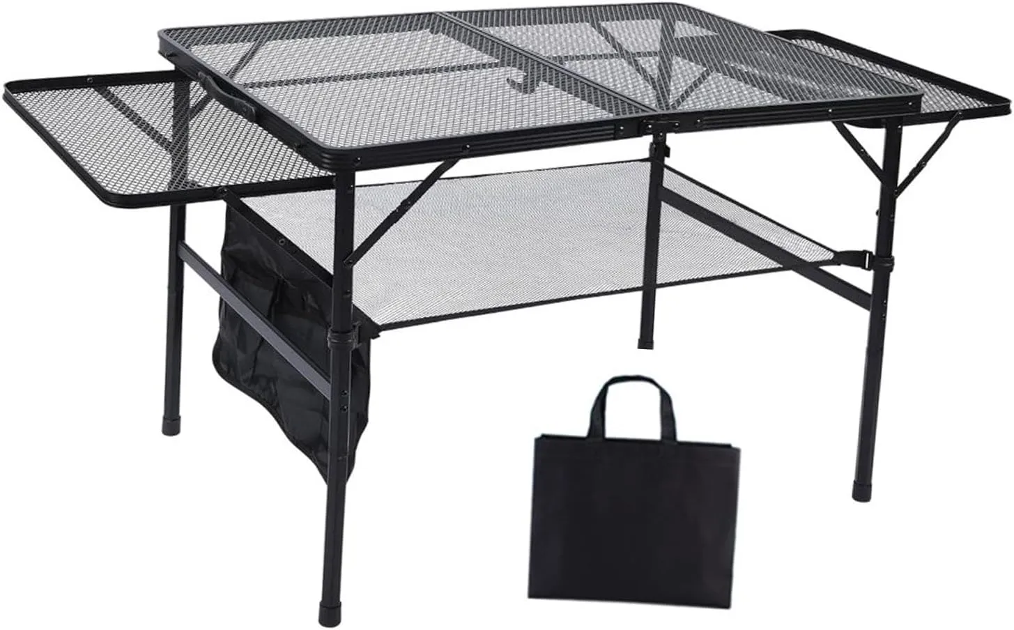 Folding Grill Table,Camping Table Carry Handle with Storage Mesh Desktop Adjustable Height for Backyard,RV,Outdoor,BBQ,Indoor