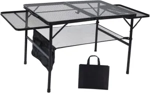 Folding Grill Table,Camping Table Carry Handle with Storage Mesh Desktop Adjustable Height for Backyard,RV,Outdoor,BBQ,Indoor