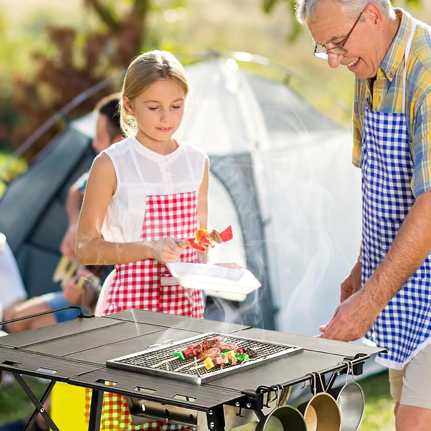 Folding IGT Camping Table with Extended Frames, Portable Adjustable Height Outdoor IGT Cook System, Ultralight Aluminum Camp Table with Carry Bag for Car Camping Picnic RV Trip Patio Backyard