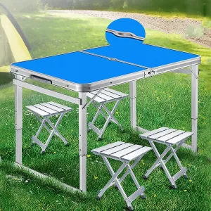 Folding Picnic Table,Portable Camping Table, Aluminum Camping Table With umbrella hole,Portable Outdoor Dining Table with 4 Aluminum Stools,Heights Adjustable for Outdoor Camping BBQ Party ( Color : B