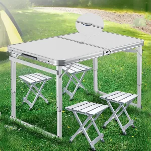 Folding Picnic Table,Portable Camping Table, Aluminum Camping Table With umbrella hole,Portable Outdoor Dining Table with 4 Aluminum Stools,Heights Adjustable for Outdoor Camping BBQ Party ( Color : W