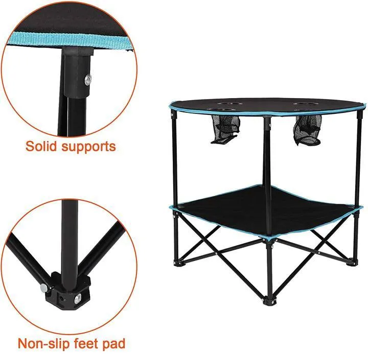 Folding Table, Travel Camping Picnic Collapsible Round Table with 4 Cup Holders and Carry Bag (Black & Blue)