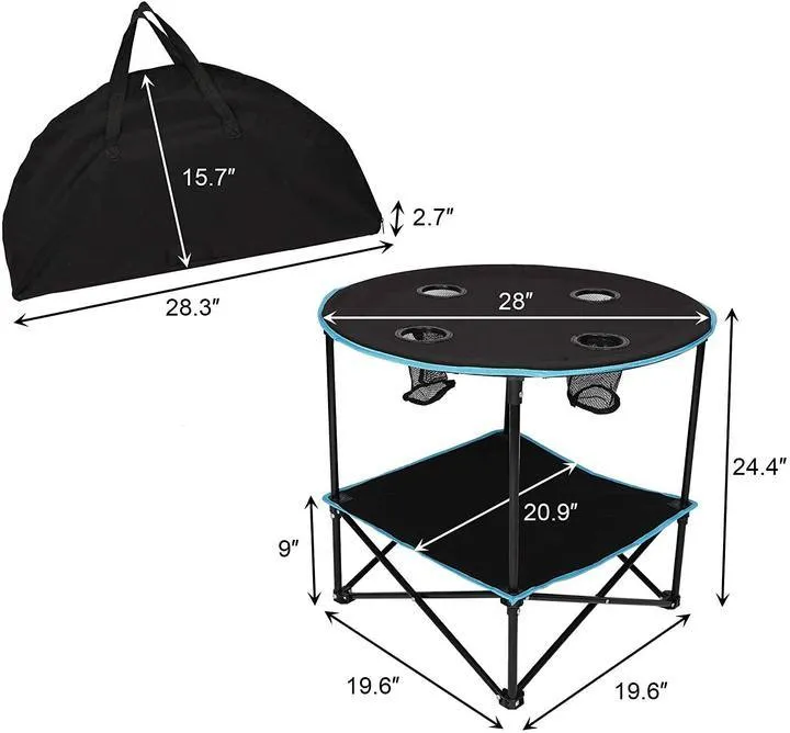 Folding Table, Travel Camping Picnic Collapsible Round Table with 4 Cup Holders and Carry Bag (Black & Blue)