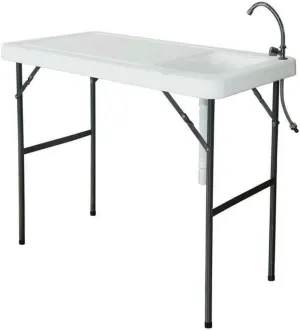 Folding Table with Sink, 4ft Portable Foldable Outdoor Camping Fishing Cleaning with Faucet for Picnic Camping Kitchen Garden White