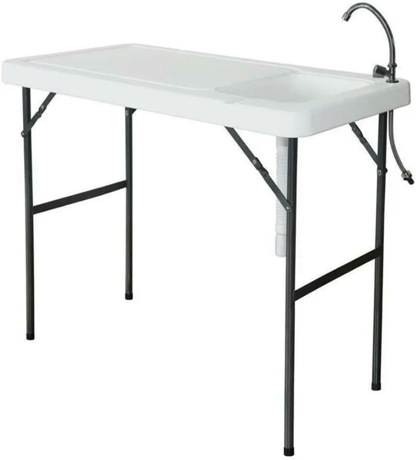 Folding Table with Sink, 4ft Portable Foldable Outdoor Camping Fishing Cleaning with Faucet for Picnic Camping Kitchen Garden White