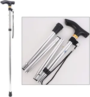 Folding Walking Stick Ultralight Aluminum Alloy Trekking Pole T-Handle Telescopic Elderly Help Walking, Silver